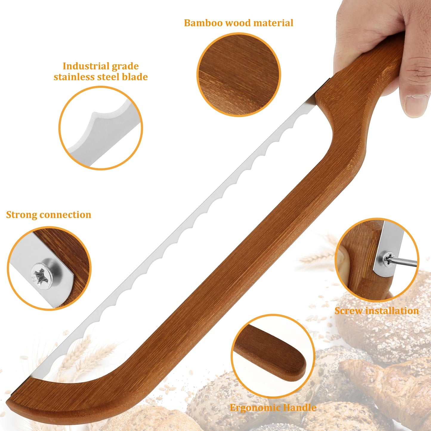 Bread Bow Cutter – Serrated Stainless Steel Slicer with Bamboo Handle for Sourdough, Bagels & Baguettes (15.7×2.4 in)