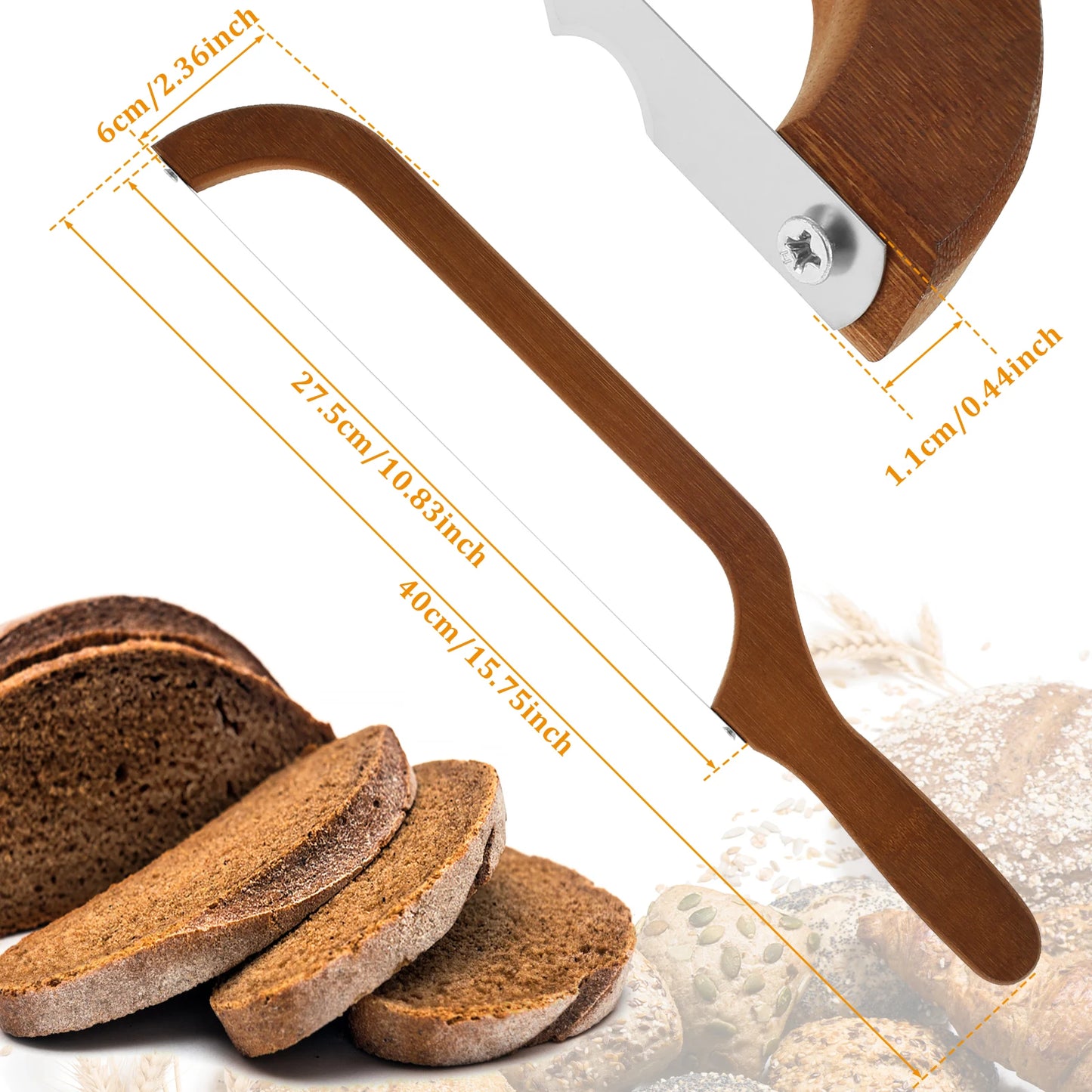 Bread Bow Cutter – Serrated Stainless Steel Slicer with Bamboo Handle for Sourdough, Bagels & Baguettes (15.7×2.4 in)