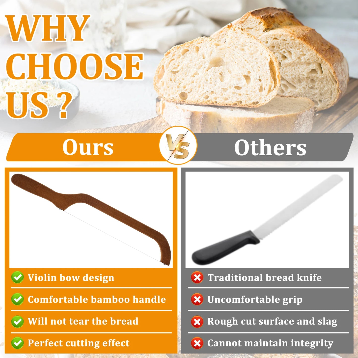 Bread Bow Cutter – Serrated Stainless Steel Slicer with Bamboo Handle for Sourdough, Bagels & Baguettes (15.7×2.4 in)