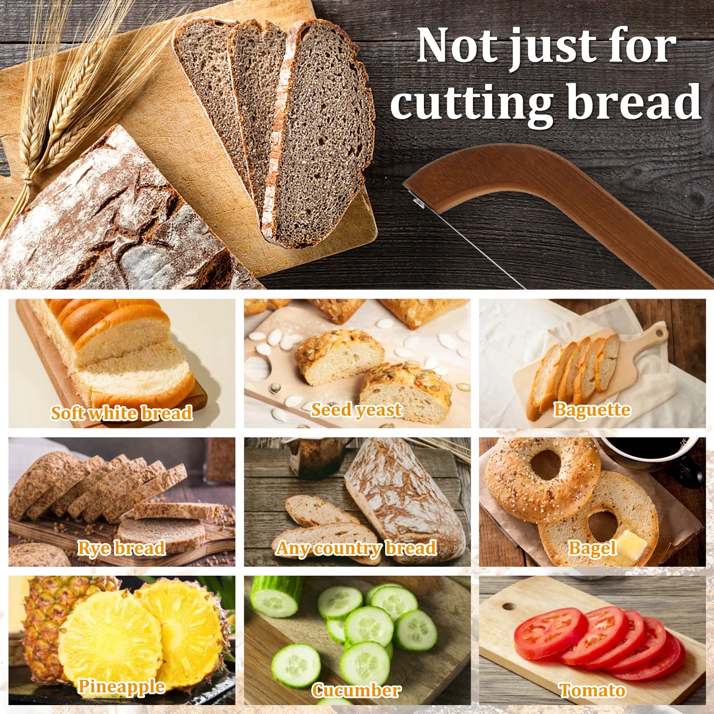 Bread Bow Cutter – Serrated Stainless Steel Slicer with Bamboo Handle for Sourdough, Bagels & Baguettes (15.7×2.4 in)
