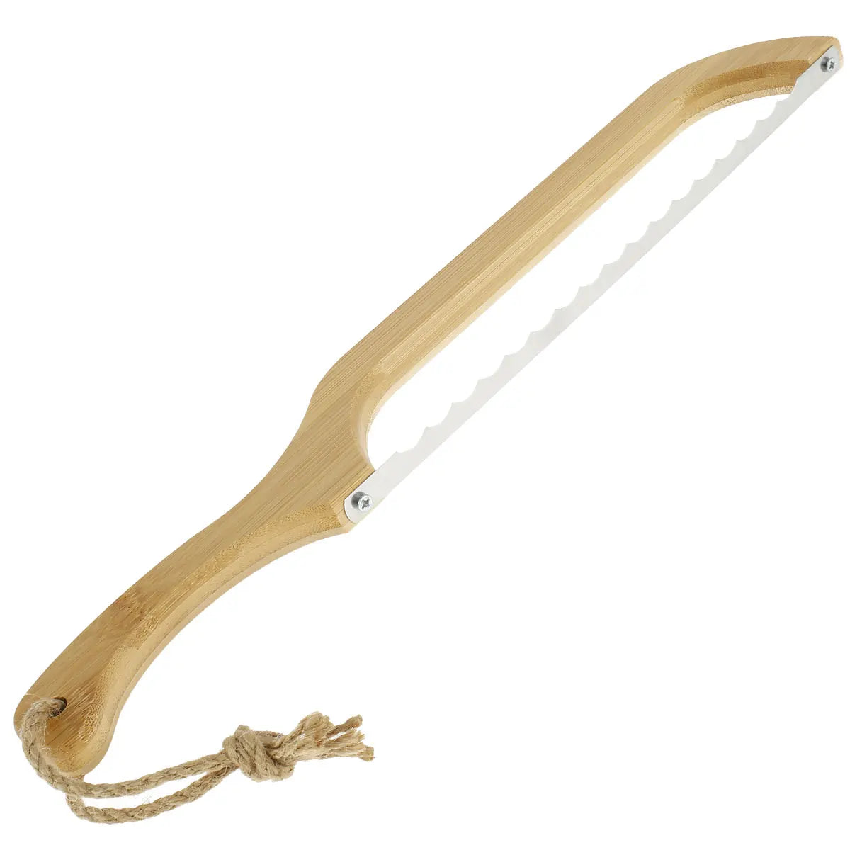 Bread Bow Cutter – Serrated Stainless Steel Slicer with Bamboo Handle for Sourdough, Bagels & Baguettes (15.7×2.4 in)