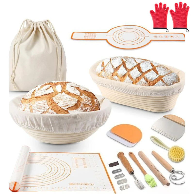 Sourdough Bread Baking Kit – Banneton Proofing Basket Set with Dough Scraper, Mat & Pastry Tools – Perfect Gift for Beginners