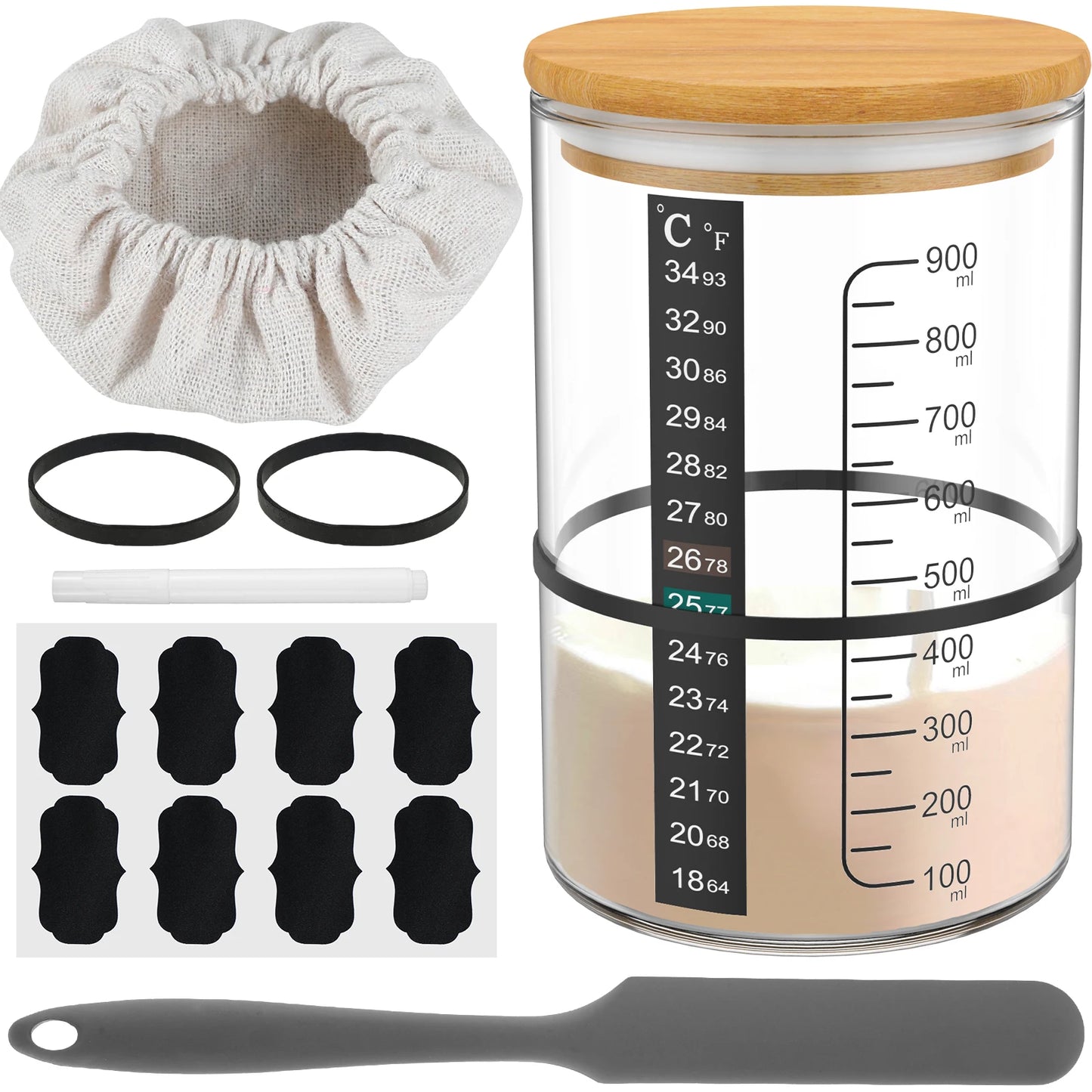 9Pcs Sourdough Starter Jar Kit 900ML Clear Glass Sourdough Starter Container Baking Fermentation Jar Food Storage Heat Resistant