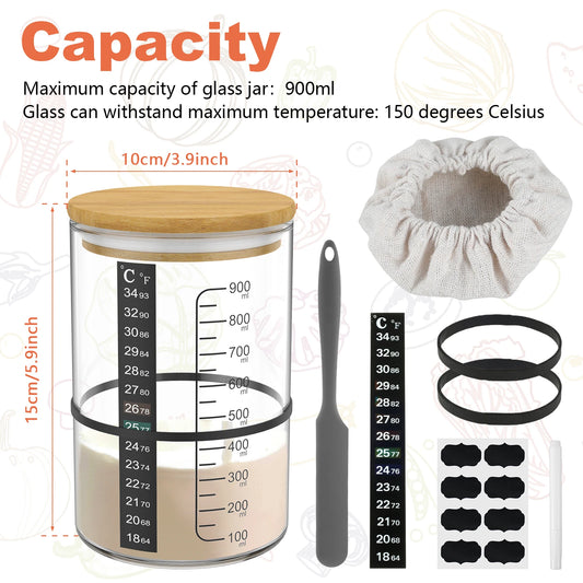 9Pcs Sourdough Starter Jar Kit 900ML Clear Glass Sourdough Starter Container Baking Fermentation Jar Food Storage Heat Resistant