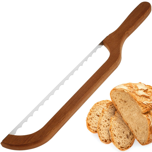 Bread Bow Cutter – Serrated Stainless Steel Slicer with Bamboo Handle for Sourdough, Bagels & Baguettes (15.7×2.4 in)