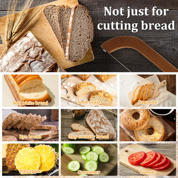 Bread Bow Cutter – Serrated Stainless Steel Slicer with Bamboo Handle for Sourdough, Bagels & Baguettes (15.7×2.4 in)